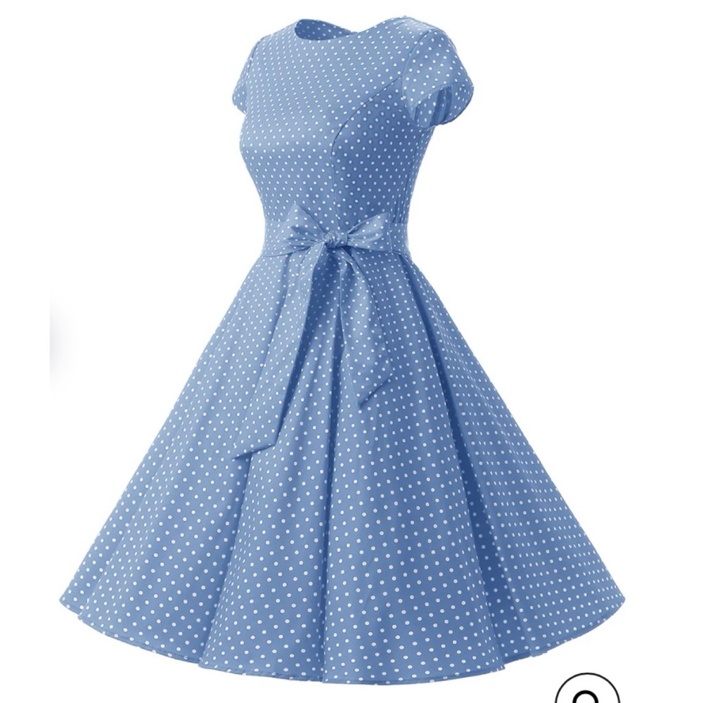 (NWOT) DRESSYSTAR • Blue/White Polka Dot Vintage-Inspired Cap Sleeve Dress, M - Picture 3 of 16